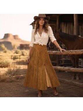 VTG Positano Pelle Women Petite Skirt Brown Suede Western  A Line Boho Chic USA
